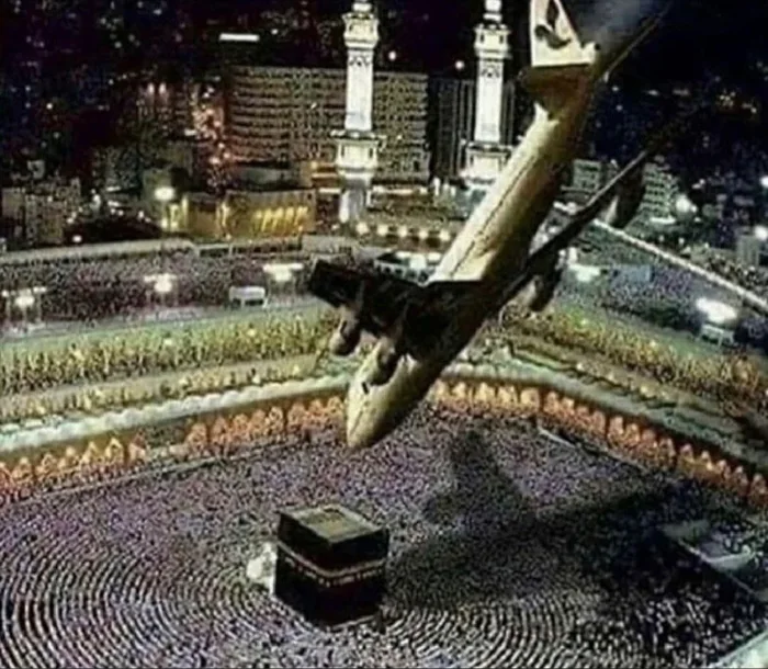 A meme of an airplane falling onto the Kaaba.